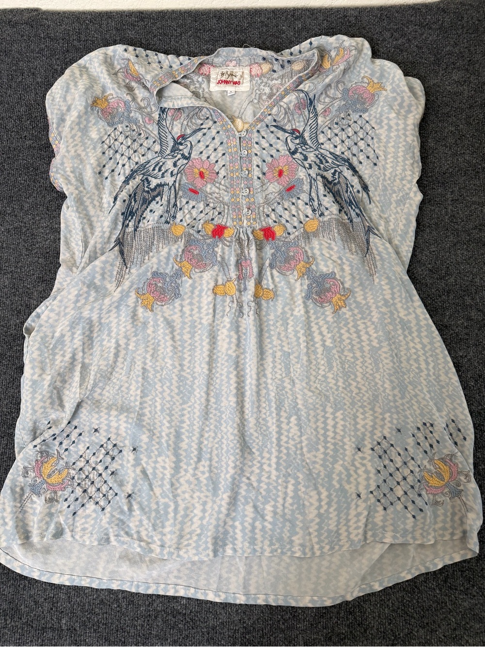 Johnny Was Pale Blue Embroidered Bird Tunic